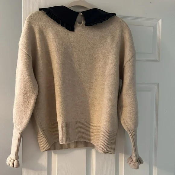 River Island Cream Sweater with Black Leather Ruffled Collar - Picture 5 of 5